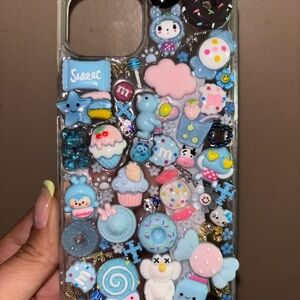 Decorative Phone Case with Cute Charms - Blue